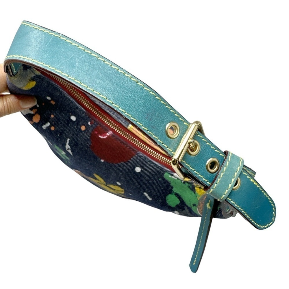 Vintage Dooney & Bourke RARE Denim Painted Graffiti Bag with Leather Top Handle - Picture 6 of 14